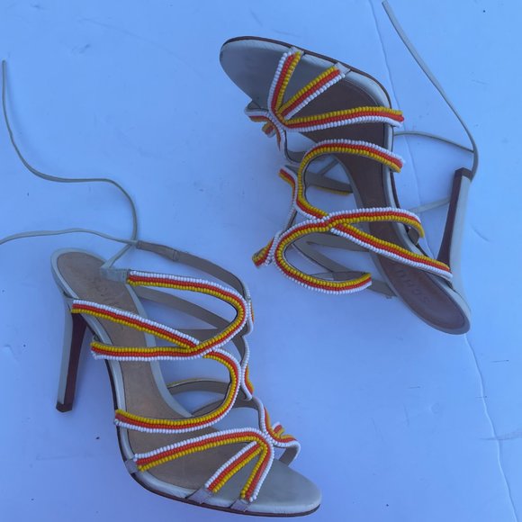 Schutz Meera Strappy Sandals Ankle Strap Tri-color Beaded High Stiletto Heels - Picture 5 of 10